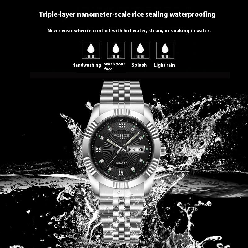 Top Brand Fashion Temperament Men's Watch Luminous Double Calendar Solid Steel Band Quartz Watch Couples Watch