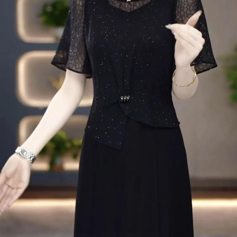 

Womens Mesh Short Sleeve Sparkly Knit Midi Dress L чёрный