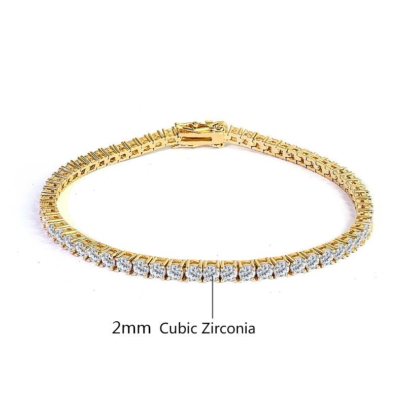 European and American 2mm Zircon Bracelet Single Row Full Diamond Hip Hop Tennis Chain 18K Copper Plated Real Gold Jewelry