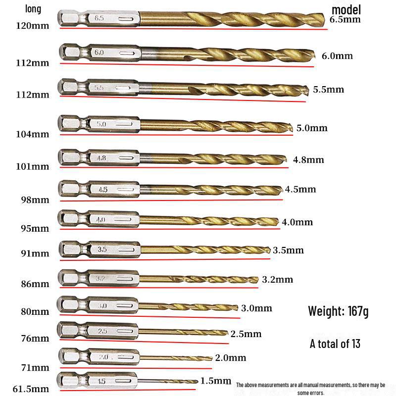 

Набор титановых сверл для электрической отвертки, 13 шт., шестигранная рукоятка, спиральное сверло, быстрорежущая сталь, крестообразный наконечник, 1,5-6,5 мм