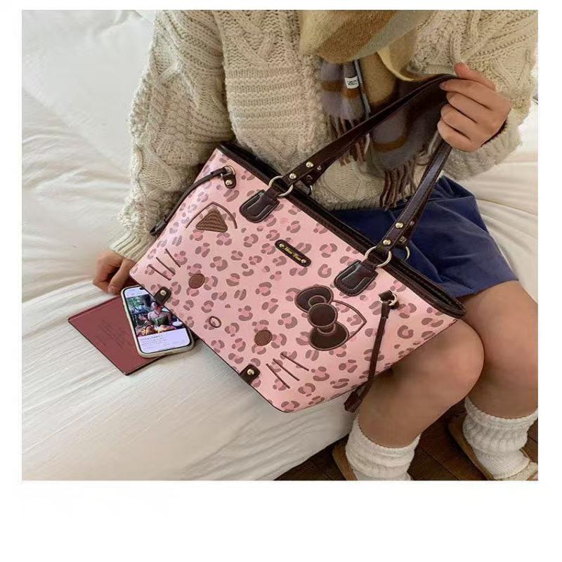 Hello Kitty Umhängetasche Niedliches Retro-Leopardenmuster-Design Große Kapazität Tragetasche für Damen
