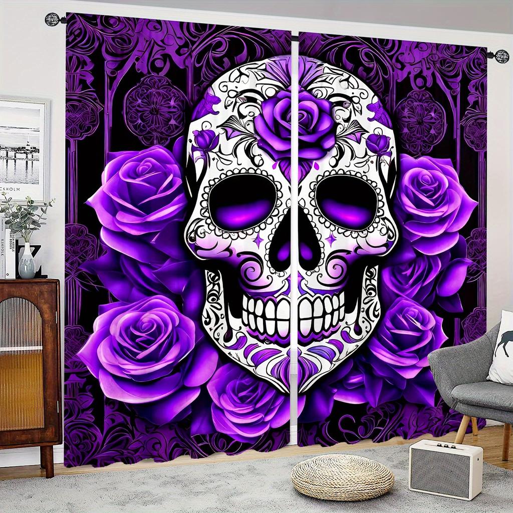 Purple Skull Rose Curtains Hd Digital Print Bedroom Study Office Window Decor Halloween Gothic Style Set Of 2 Made Polyester With Rod Pocket Sleeping