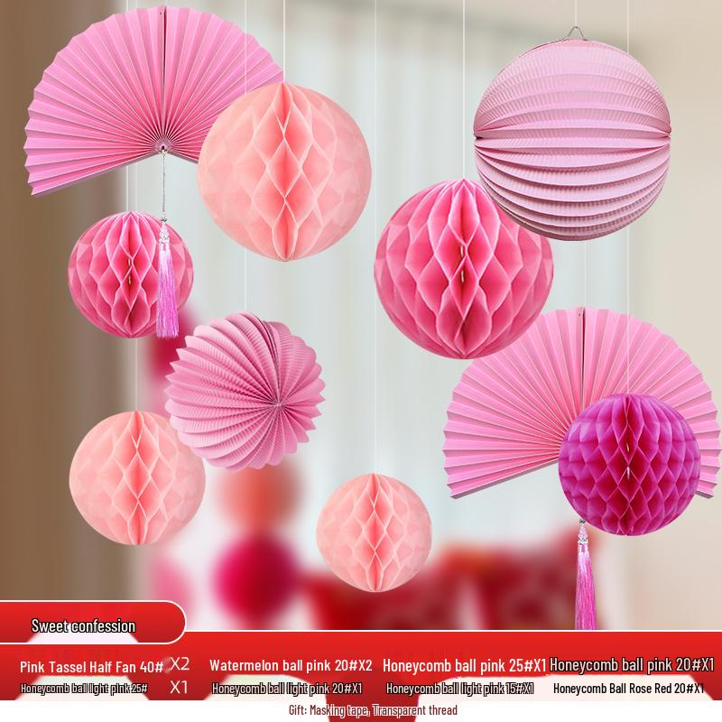 Wedding Décor Set: Honeycomb Balls, Folding Fans & Double Happiness Pendants for Groom's Room