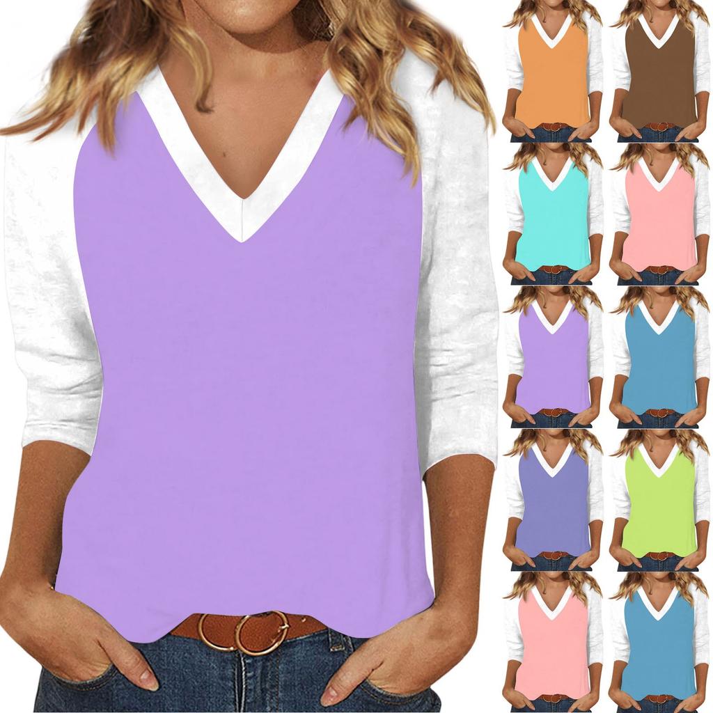 Women's Casual And Fashionable Patchwork V-Neck Top With Seven Quarter Sleeves Top