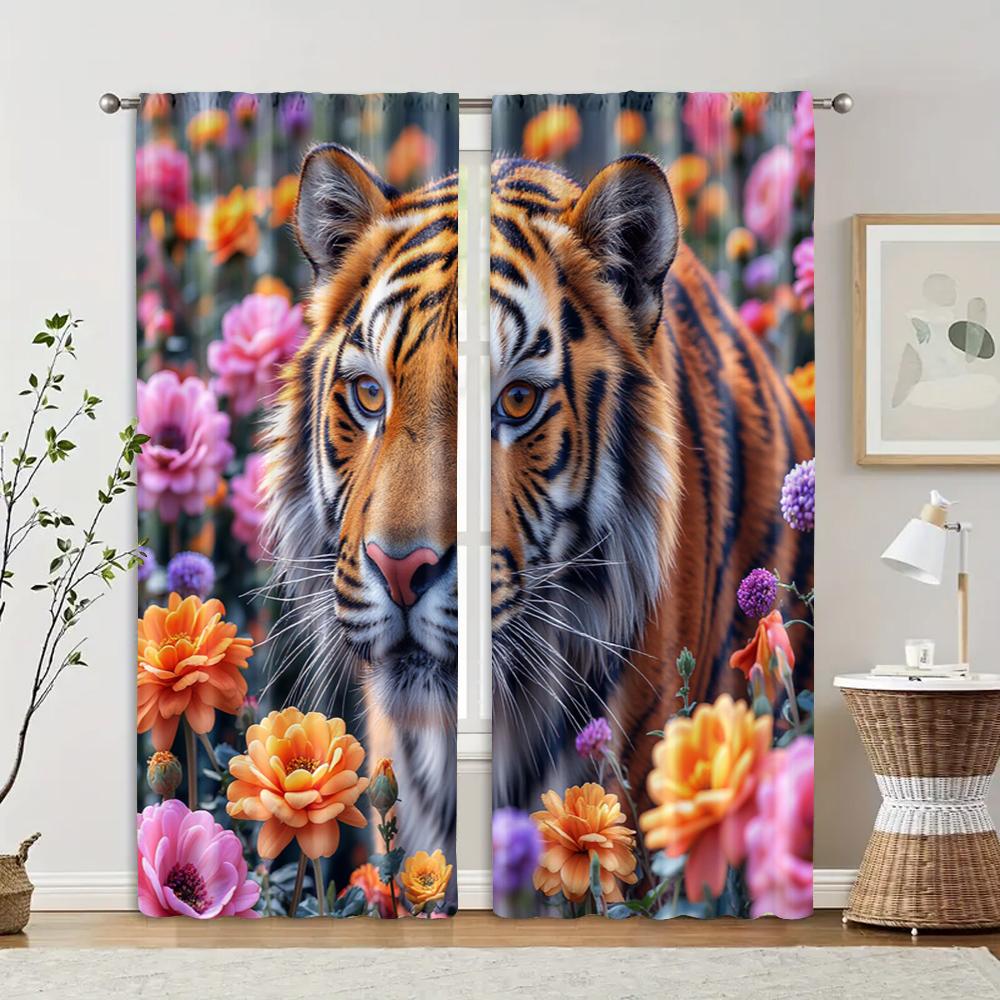 2pcs   Curtain Popular  Print Tiger Versatile Polyester (without Rod) Art Deco Festive Perfect for Living Room   Bedroom & Home