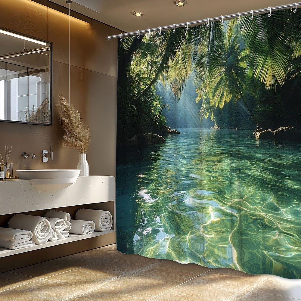 Transform Your Bathroom with this Waterproof Shower Curtain Featuring a Lush Forest Waterfall for a Relaxing Ambiance