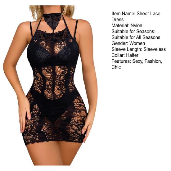 Damen Blumen-Spitzen durchsichtiges Babydoll Kleid Sexy Cutout Bodycon Hemdchen Minikleid Neckholder Ärmellos Durchsichtig Nachtwäsche