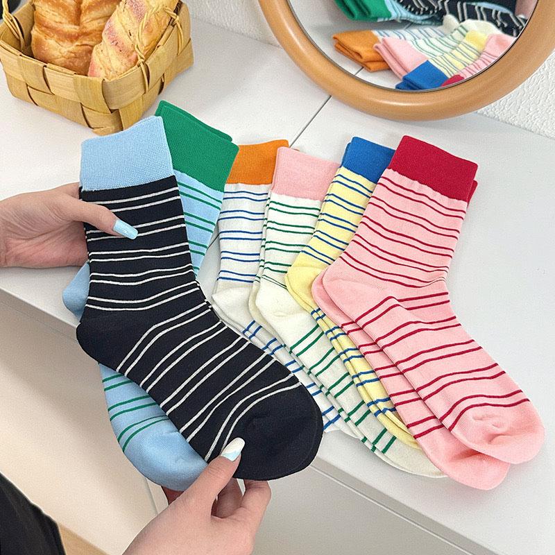 Korean Fashion Striped Socks for Women Spring Summer Soft Cotton Elastic Breathable Mid Tube Socks Girls Casual Socks