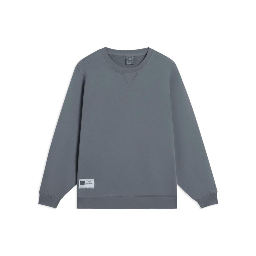 Li-Ning Sports Trend Series Brand Logo Patch Solid Color Crew Neck Pullover Sweatshirt Men Tops Silver-Gray AWDSB13-9