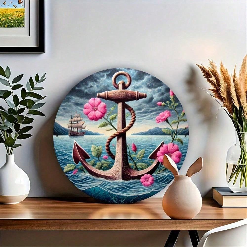 Nautical Anchor Sailboat Floral Metal Wall Art 8 Inch Round Iron Decor For Home Kitchen Cafe Hanging