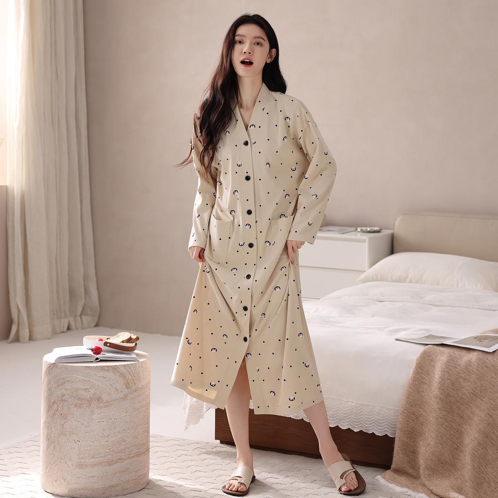 Pure Cotton Nightgown Women'S Spring And Autumn Cartoon Cute Long-Sleeved Long Pajamas Skirt Can Be Worn Outside Loungewear