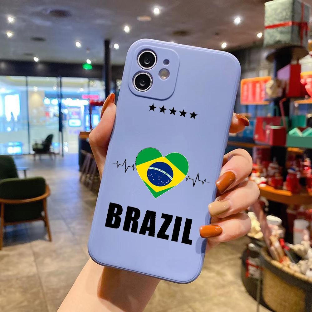 Brasilien Flagge Fußball Luxus Quadratisch Flüssigsilikon Handyhülle Für iPhone 14 11 12 13 Pro Max Mini X XS XR 7 8 Plus SE2 DIY Hülle