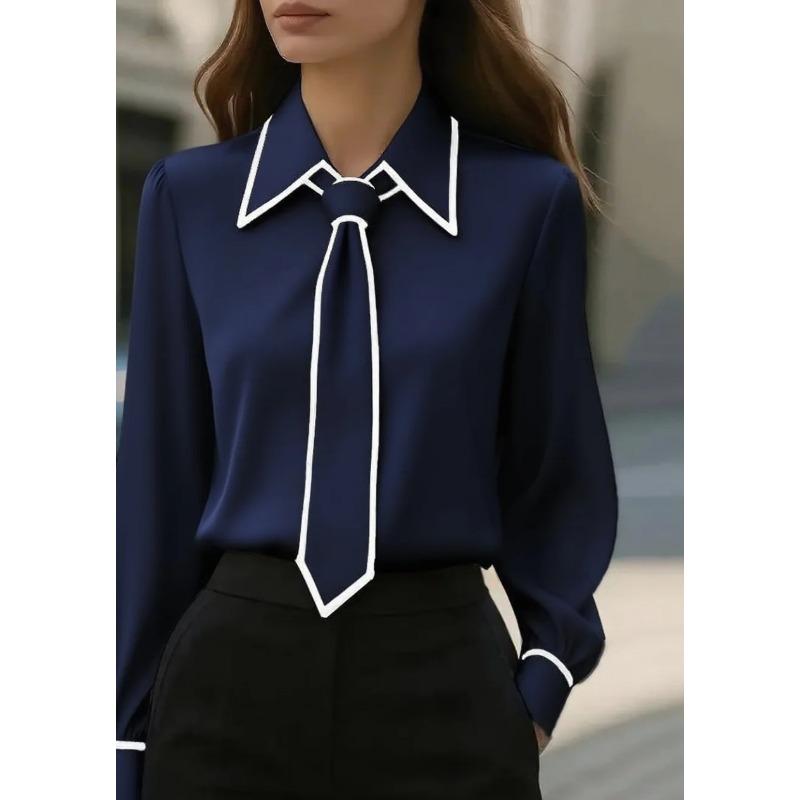 

QICED Women s Fashion Casual Solid Color Print Long Sleeve POLO Neck Blouses & Shirts XXL темно-синього кольору