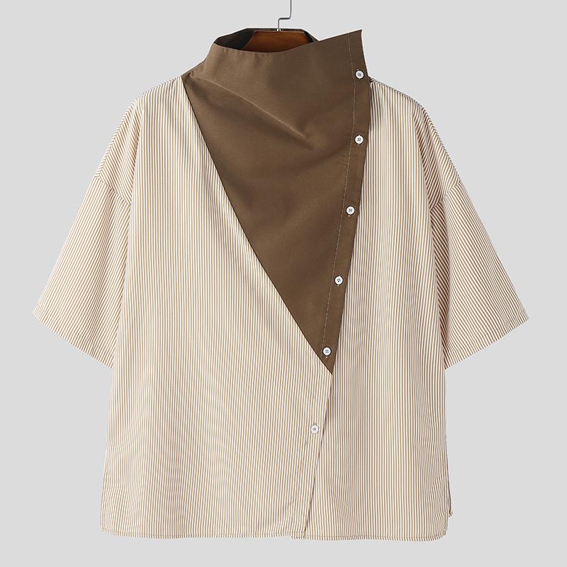 

INCERUN Summer Men Stand Neck Short Sleeve Patchwork Casual Loose T-shirts Tops 2XL хакі