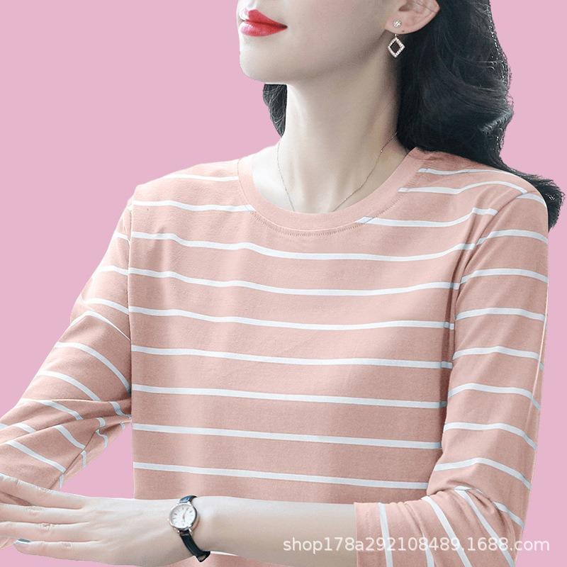 T-shirt de base en pur coton, Vêtements de printemps pour femmes d'âge moyen à manches longues, Nouveaux vêtements d'automne, Hauts amples grande taille