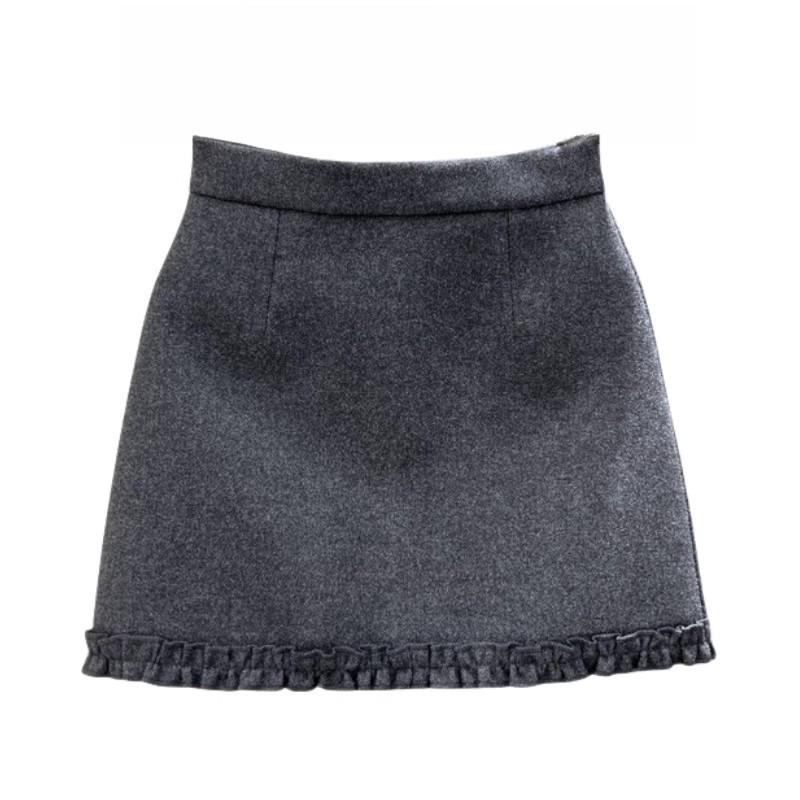 Women's Gray Wool Blend A-line High Waist Skirt - Autumn/Winter Slimming Petite Fit with Lace Detail