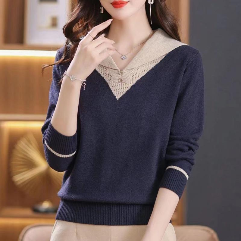 Autumn and winter new fashionable versatile age-reducing thin lapel with long-sleeved knitted pullover sweater for women