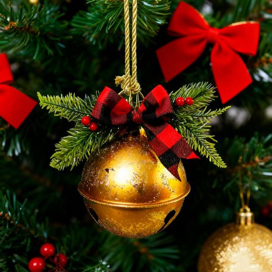 Christmas Bells Ornament Rustic Christmas Jingle Bell with Pine Needles Red Berries And Plaid Bow for DIY Holiday Door Window Tree Wreath Garland