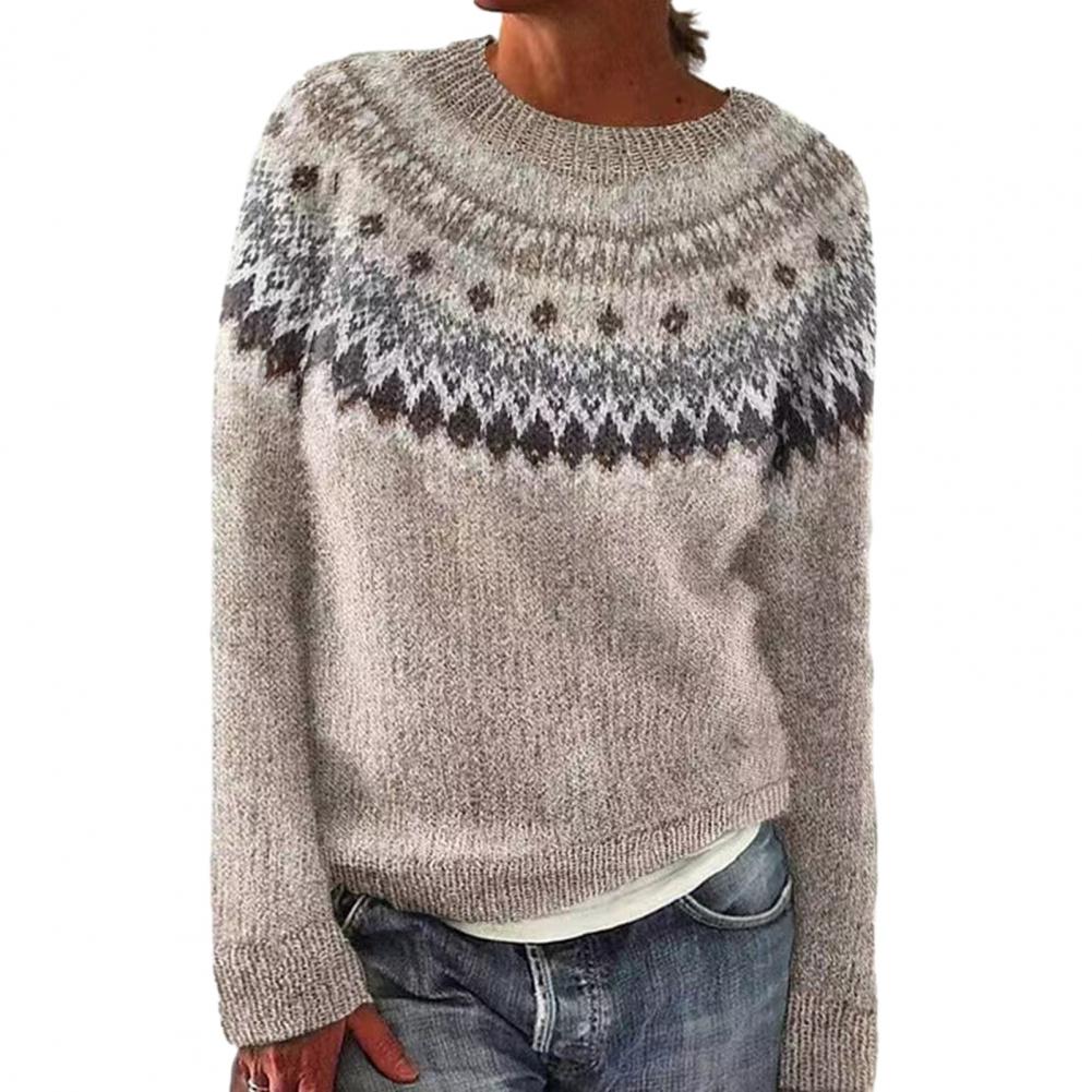 Knitted Sweater Geometric Pattern Patchwork Women's Sweater O-neck Long Sleeve Loose Fit Crochet Top in Color Knitting Style