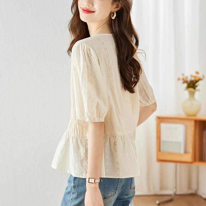 Hollow Haftowana Brzoskwiniowa Koszula Damska Krótki Rękaw Letnia Nowy Styl Design Szykowny Czysta Bawełna Top