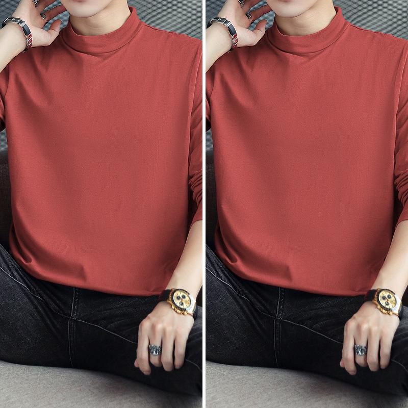 Men's Long Sleeve Cotton T-Shirt, Semi-High Neck, Solid Color Base Layer for Autumn/Winter