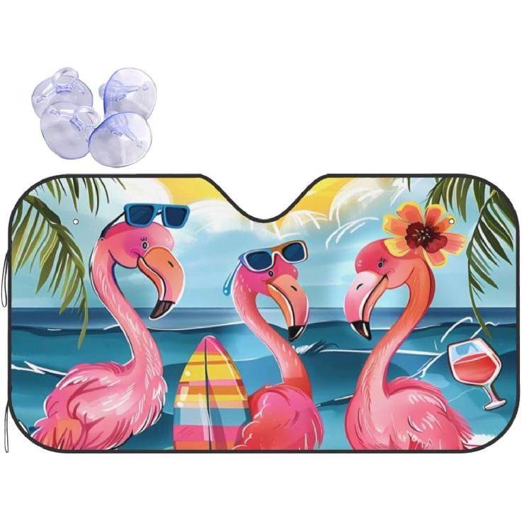

Summer Flamingo Front Windshield Sun Shade, Fancy Flamingo Suction Cup Window Shades for Car Truck SUV - Blocks UV Rays Keeps Your Vehicle Cool - Small