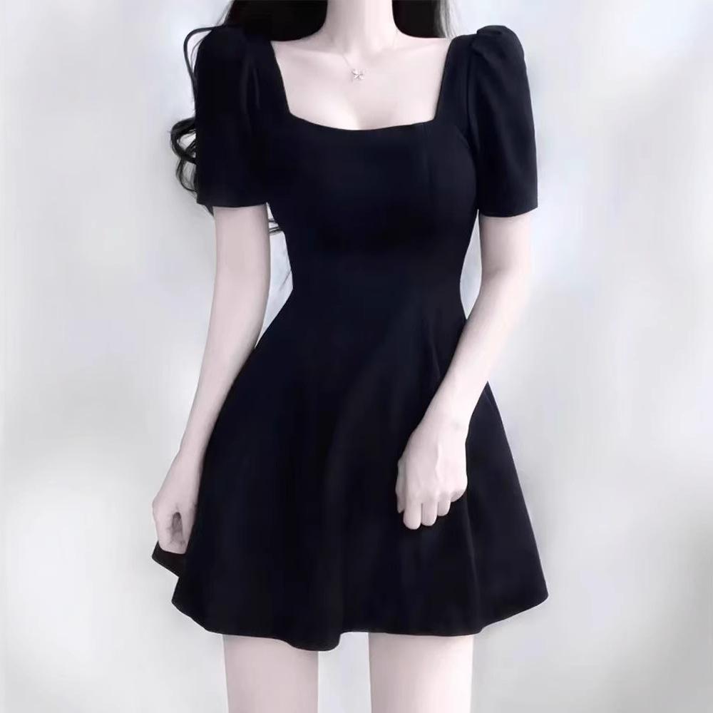 Women French A‑Line Little Black Dress Square Neck Short Sleeve High Waist Fitted Mini Dress Elegant Date Night Dress For Petites Summer 2025