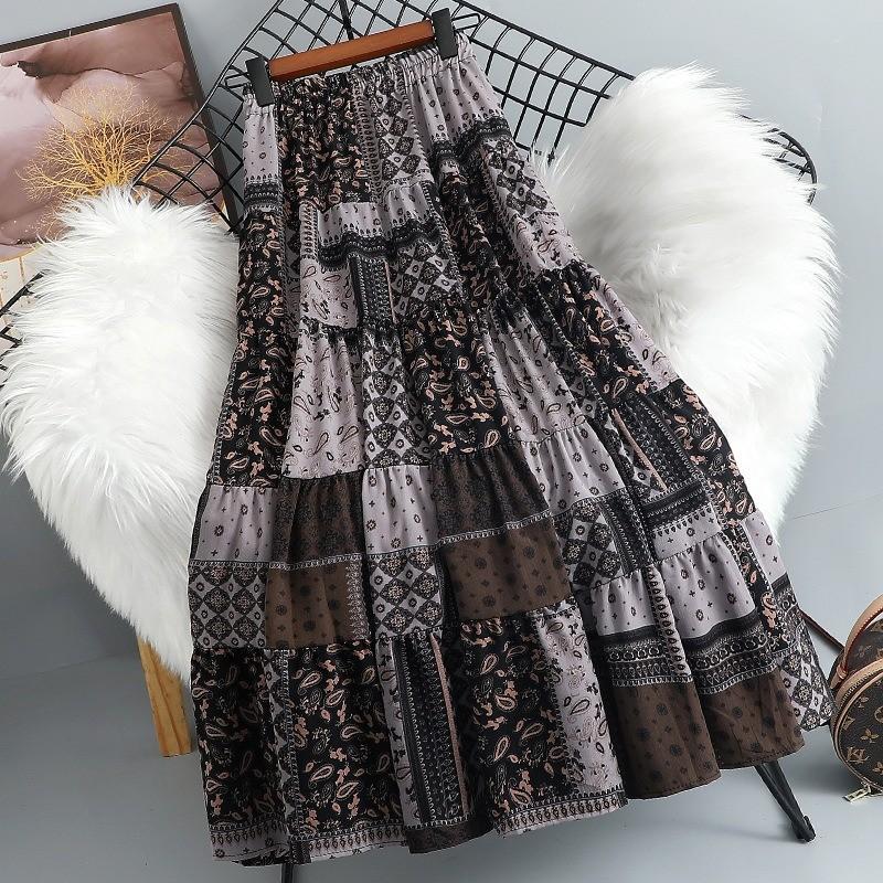

Qooth Elegant A Line BOHO Ethnic Style Printed Skirt Flared Mid Length Elastic Waist Casual Skirt QT2686 One Size серый