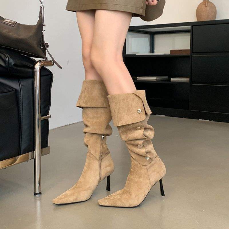 

2025 Western boots one shoe three wear card pointed head thin heel high heel knee boots women s autumn soft leather suede piled boots 40