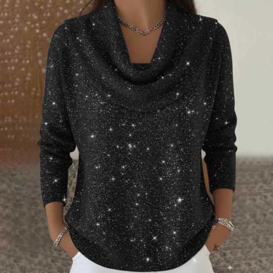 Women Tops Swing Collar Long Sleeve Shiny Rhinestones Pullover Tops Loose Fit Solid Color Flash