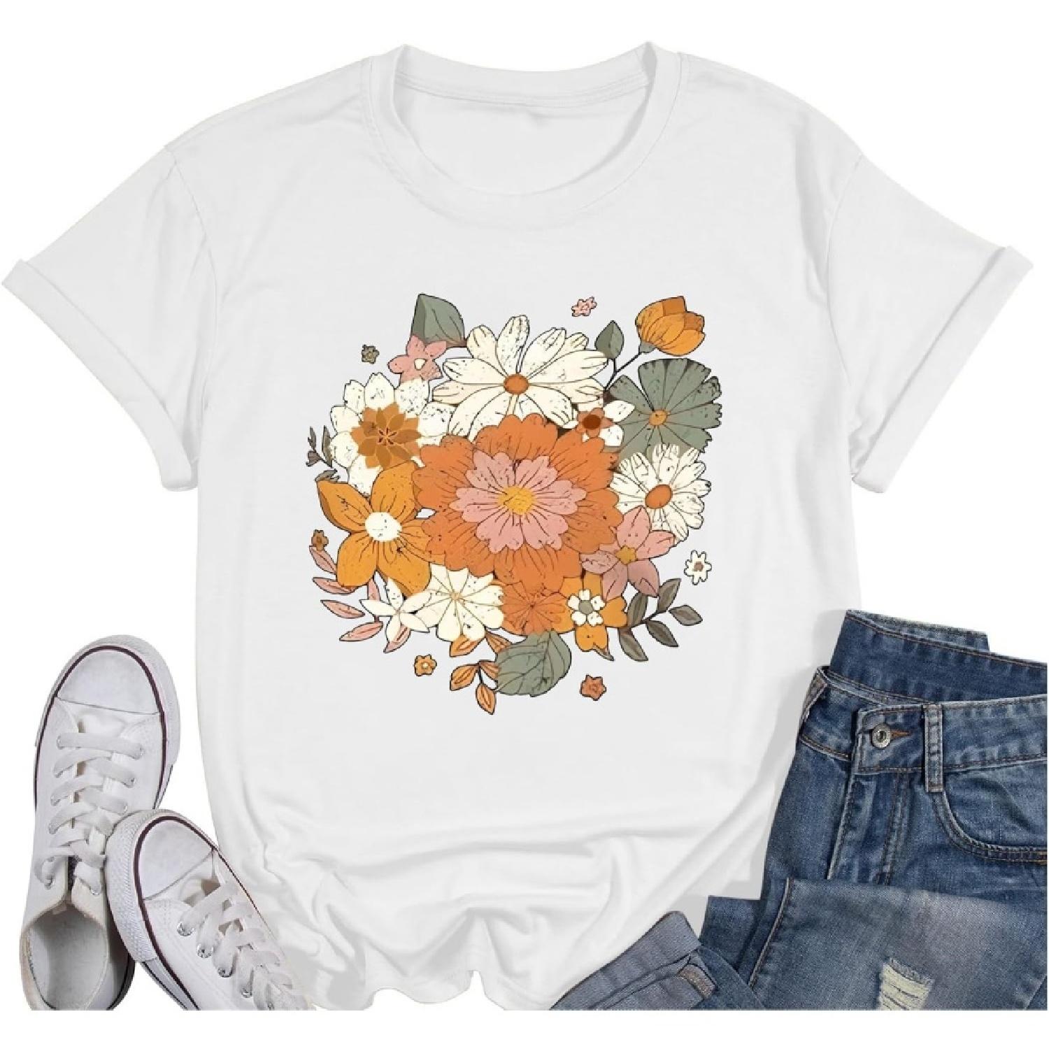 Fkatuzi Boho Floral T Shirt for Women Wildflower Plant Shirts Nature Vintage Flower Graphic Tees Botanical Cotton Tshirt XXXXXL белый