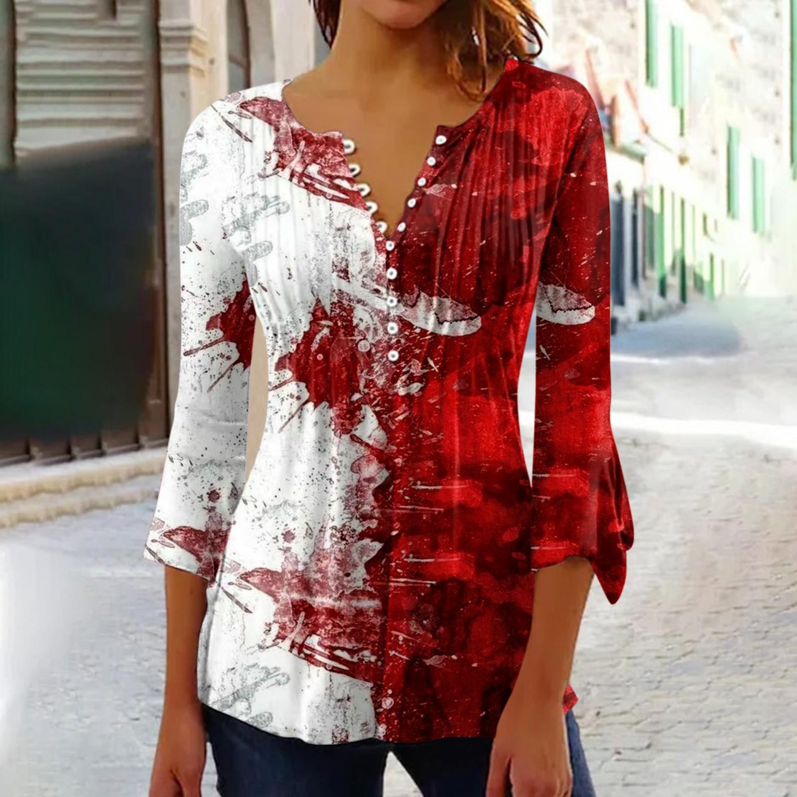 

Ladies Top Floral Print V-Neck Short Sleeve Button T-Shirt M Кіновар