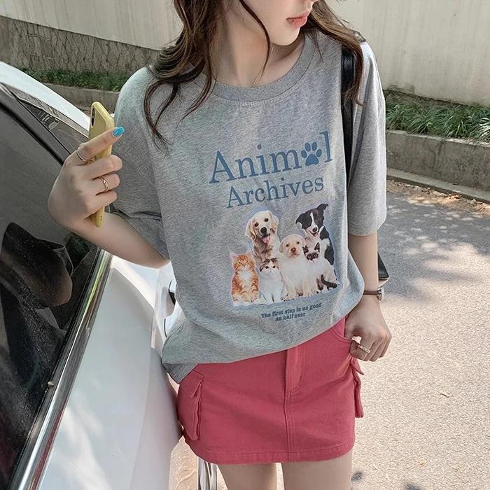 

Летняя повседневная свободная футболка женская уличная одежда Harajuku винтажная смешная мультяшная печать серые футболки с коротким рукавом женские топы Y2k XXL