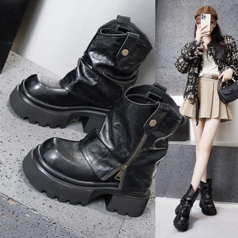 Thick-soled Martin boots for women's autumn and winter new slippers, medium tube short boots, inner heightening trouser tube boots, British smoke tube