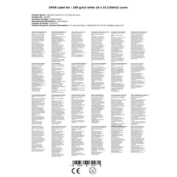 280 g/m² blanc 10 x 15 (150m²) bâche de couverture