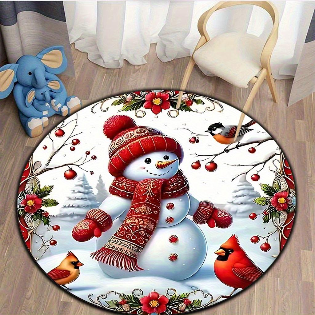 Cozy Snowman & Bird Christmas Rug, 2D Flat Non-Slip Mat for Indoor Outdoor, Soft Polyester Holiday Home Accent