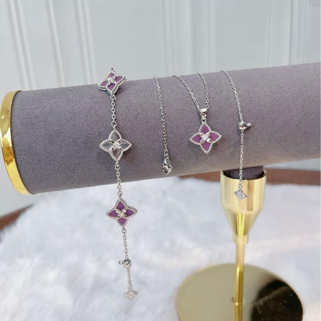 Light Luxury Powder Shell Purple Chalcedony Laser Four-Leaf Clover Five-Flower Bracelet Retro Court Style Sweet Temperament Necklace