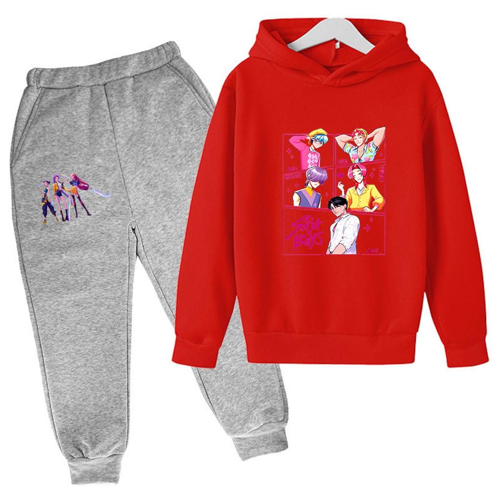 Winter Boy And Girls Color Long Sleeved Hooded Sweatshirt Two Piece Set Of Top And Pants