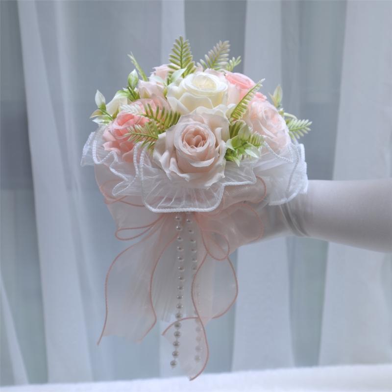 Realistic Pearls Decors Bridal Hand Bouquet Silk Flower Arrangement for Wedding Anniversaries and Formal Occasion