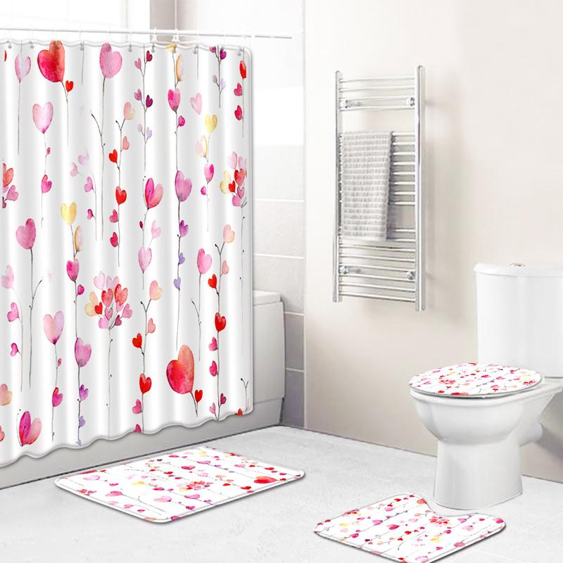 4 Pcs Valentine's Day Shower Curtain Sets With Rug, Toilet Lid, Non-Sli