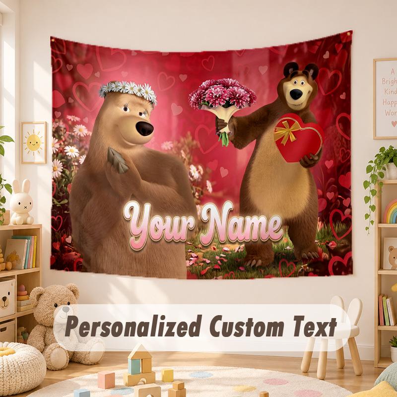 Custom Name Text Tapestry,Masha and the Bear Boho Wall Hanging, Decorative Backdrop Tapestry For Room