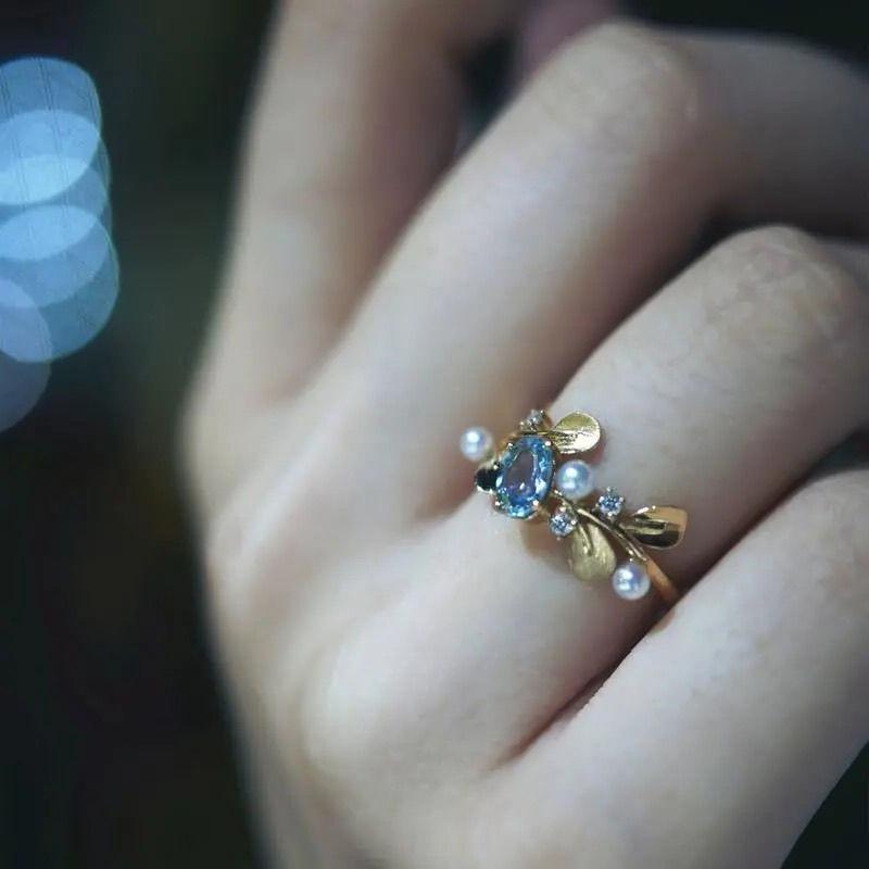 Produs nou inel reglabil cu deschidere în formă de picătură de acvamarină perlată înfășurat în frunză pentru prietene și prieteni cadouri de sărbători