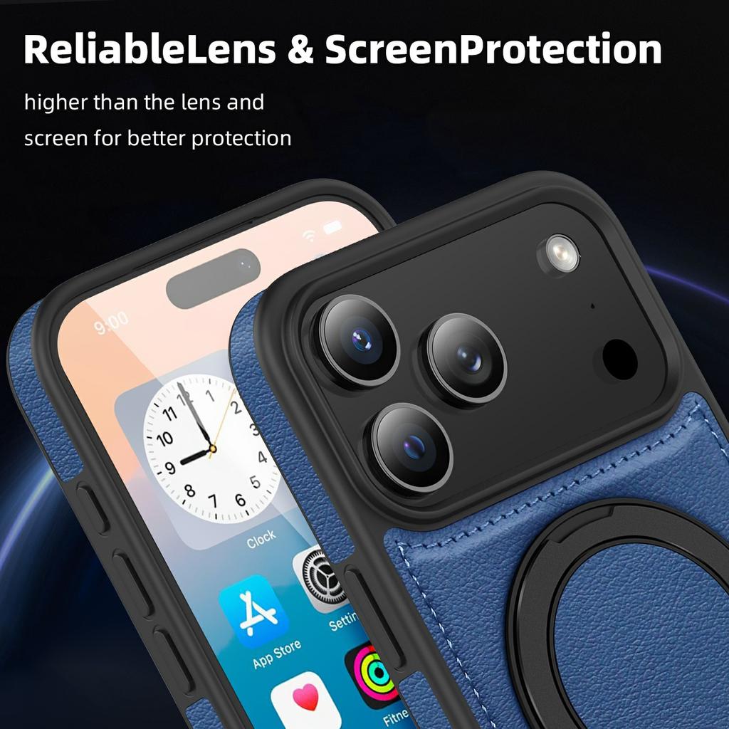 For iPhone 17 Pro Case with Ring Kickstand Compatible with MagSafe PU Leather Back Cover