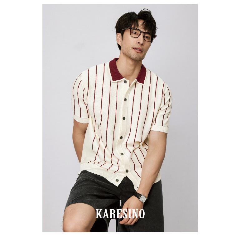 Casual Striped Polo Shirt for Men Summer Business Non-Iron Slim Fit Gentleman Thin Knitted Striped Short Sleeve T-Shirt