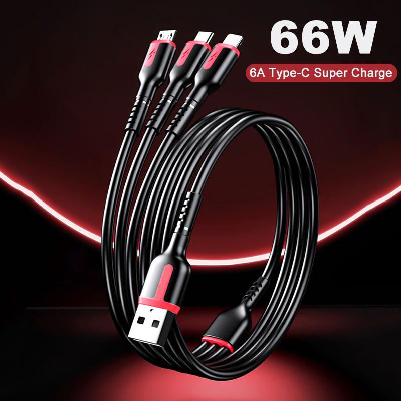 VAORLO Cablu de date 1,2 m 1,8 m 3 în 1 pentru cablu de încărcare rapidă Micro/Type-C/8Pin 66W suport pentru linia telefonică de transmisie a datelor