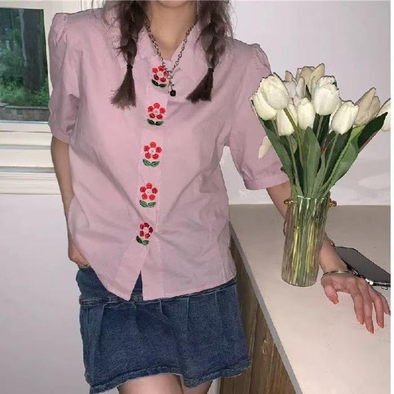 

Fashionable Women s Short Sleeved Shirt French Retro Embroidery Design Tops Korean Style Simple Sweet Ladies Clothing XXL