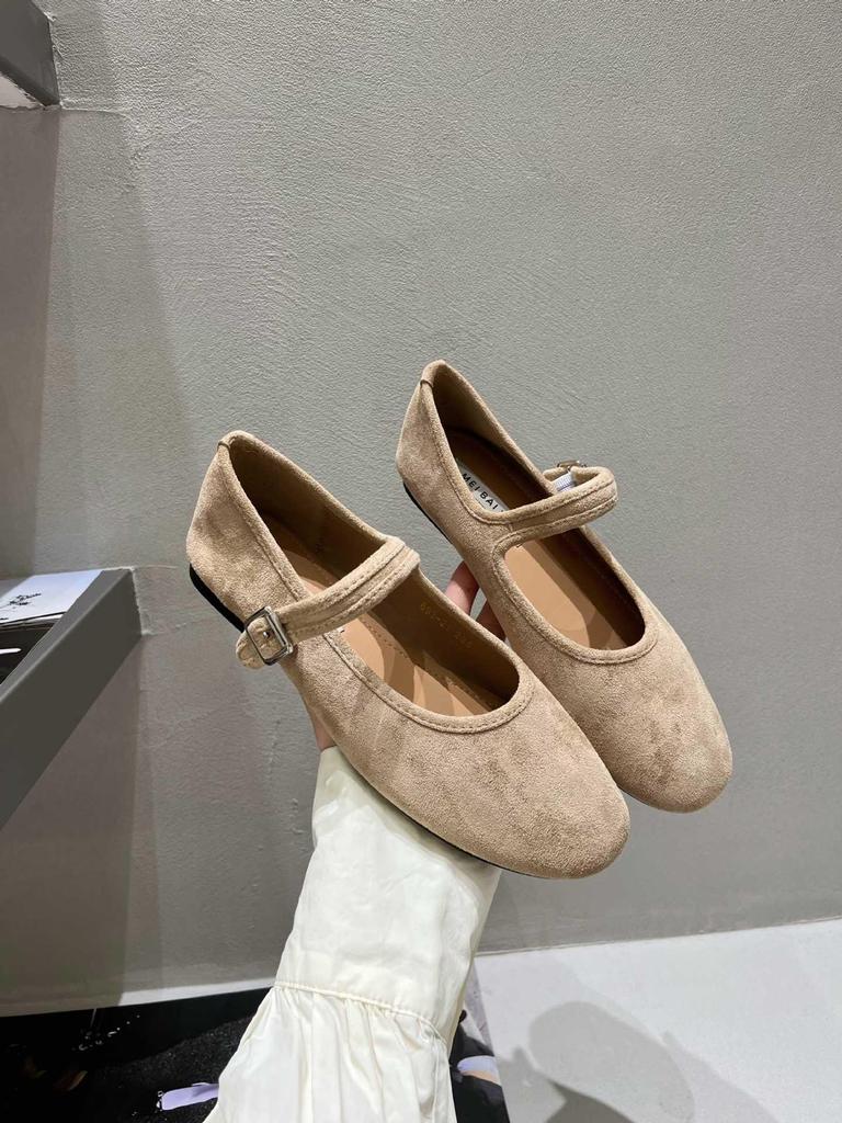 Baletari Mary Jane cu vârf rotund din piele întoarsă în stil coreean pentru femei - Toamna 2025