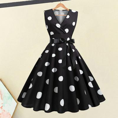 Women Evening Dress Vintage Contrast Color Dot Print Bow Waist A-line Big Swing Slim Wasit Sleeveless Backless V Neck Princess Style Midi Dress