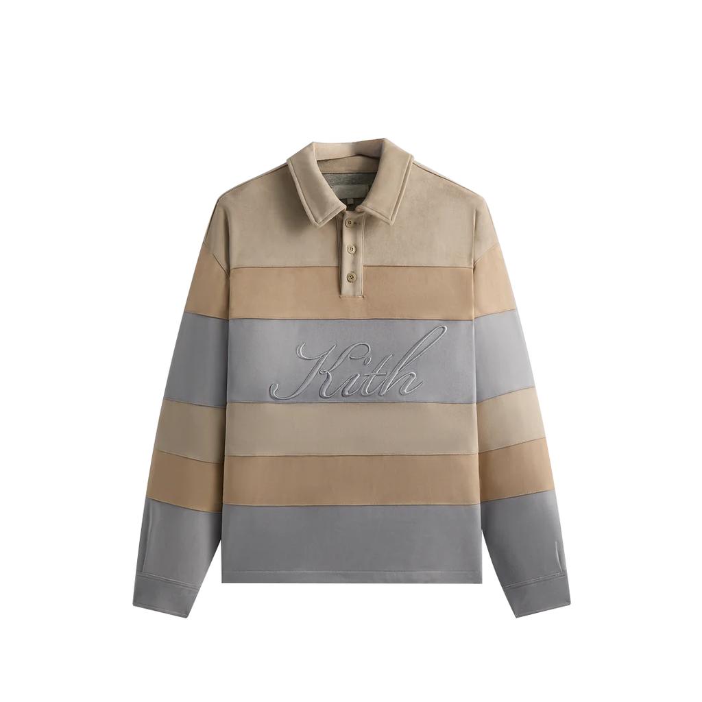 Kith FW24 Stripe Microsuede Tanner Pullover Fall 2024 Collection Lettered American College Style Long Sleeve Polo Shirt Men Tops Sand KHM032334-104