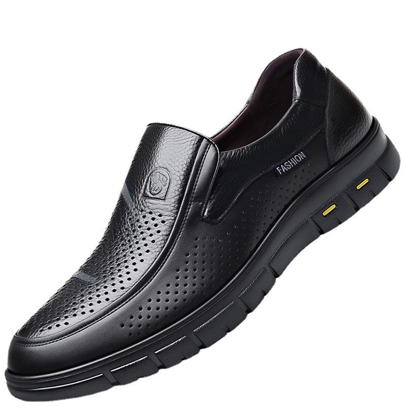 Leather Sandals Men'S Leather Soft Sole Hollow Hole Cool Leather Shoes Men'S Breathable Large Size In The Elderly Father Shoes